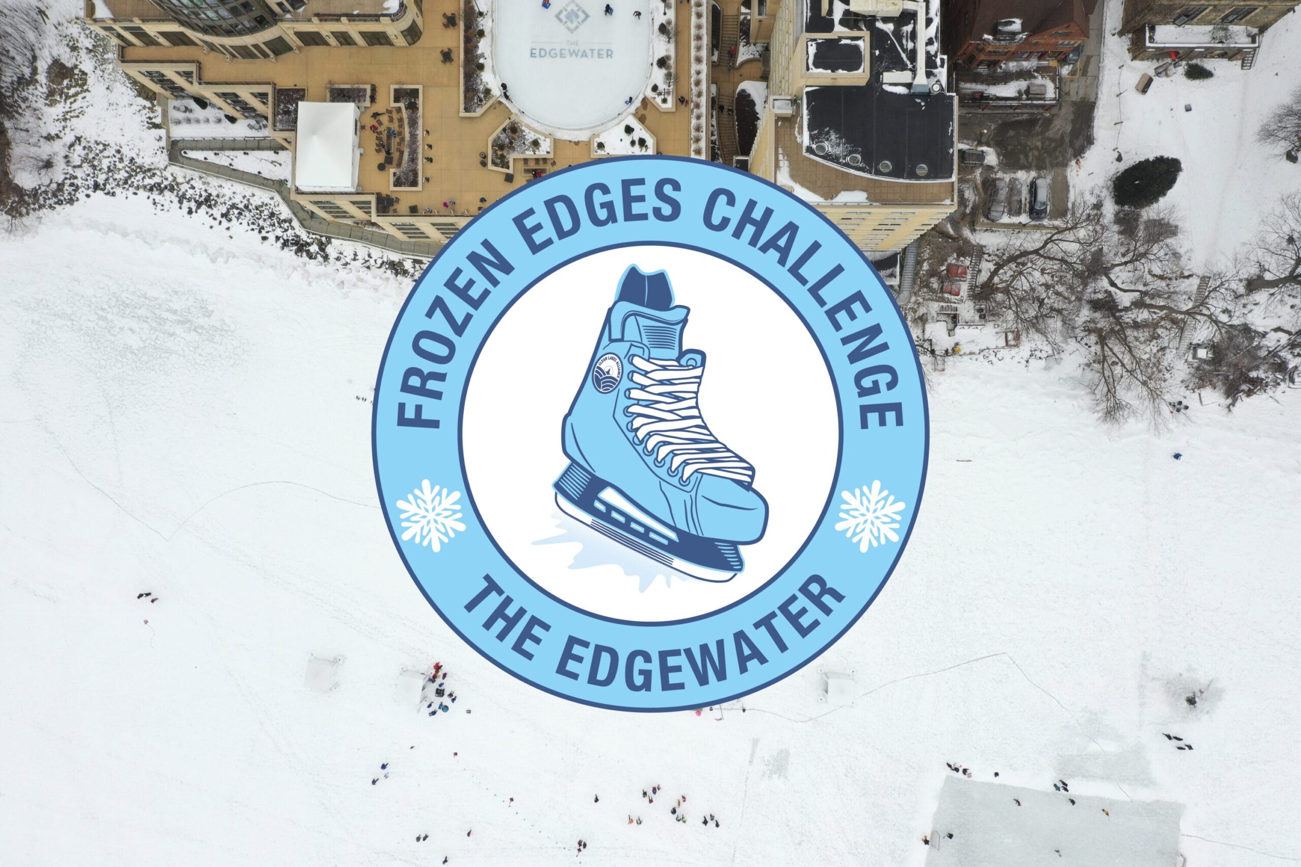 Frozen Edges Challenge logo over aerial view of the Edgwater and Lake Mendota