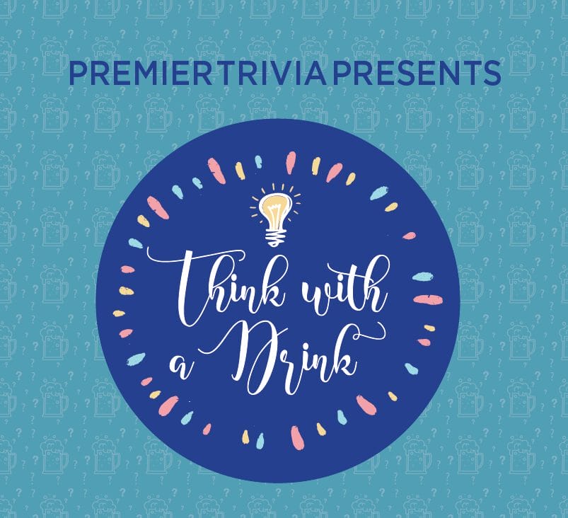 Colorful design featuring "Think with a Drink" in a circular format, surrounded by playful splashes, on a patterned background.