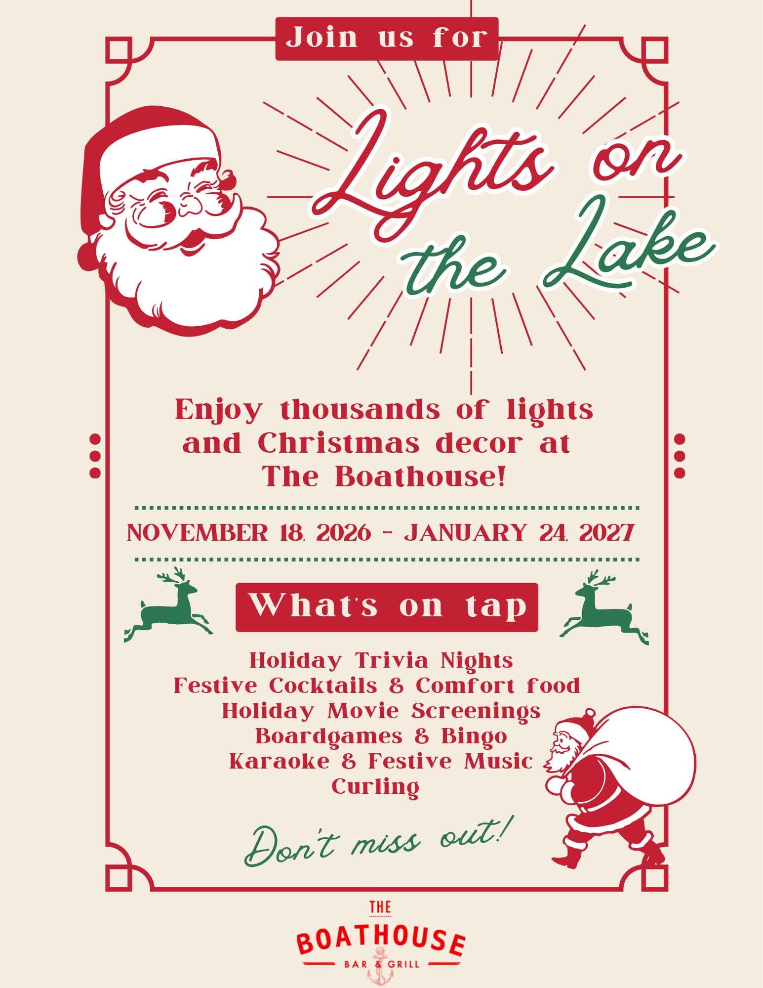 Lights on the Lake event at The Boathouse with Santa and holiday activities.